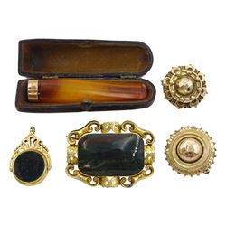 Victorian gold bloodstone and carnelian locket swivel fob, two Victorian 9ct gold circular brooches, both with glazed backs, 9ct gold mounted cheroot holder and a pinchbeck bloodstone brooch