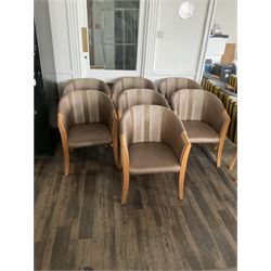 Seven tub shaped armchairs, beech framed, bronze and pattern cover- LOT SUBJECT TO VAT ON THE HAMMER PRICE - To be collected by appointment from The Ambassador Hotel, 36-38 Esplanade, Scarborough YO11 2AY. ALL GOODS MUST BE REMOVED BY WEDNESDAY 15TH JUNE.