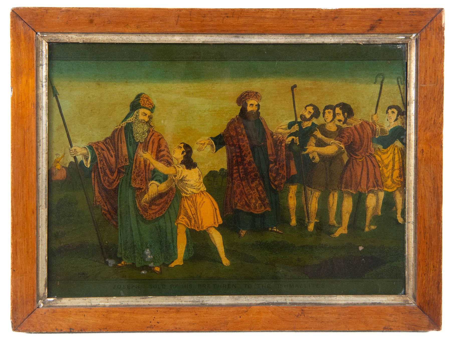 Four mid-19th century reverse glass mezzotints, 'Joseph sold by his brethren to the Ishmaelites' 'St Luke' 'St John' and 'St Matthew', 34cm x 24cm (4)