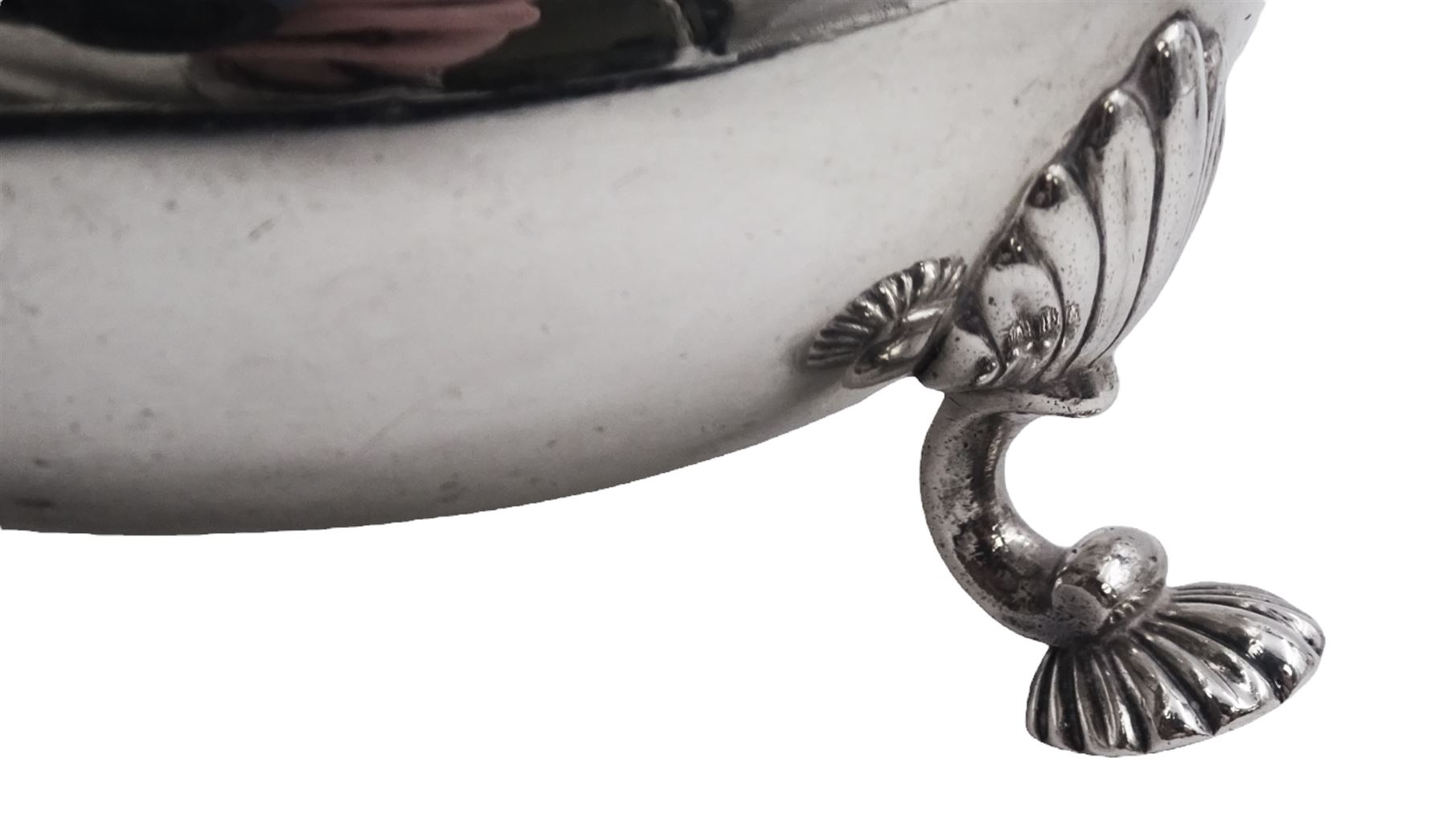 Pair of George III silver sauce boats, each of typical form with gadrooned rim, and acanthus capped scroll handle, upon three shell mounted shell pad feet, hallmarked George Methuen, London 1760 including handle H13cm, approximate total weight 30.25 ozt (941 grams)
