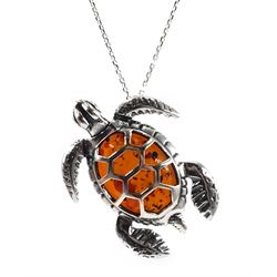 Silver amber turtle pendant necklace, stamped 925