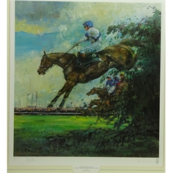  'Bob Champion on Aldaniti', limited edition colour print No.489/650 signed in pencil by Claire Eva Burton (British 1955-) and the jockey 69cm x 60cm  