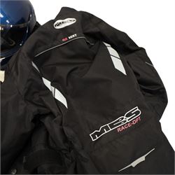 Collection of motorcycle clothing including MCS jacket, two pairs of gloves and two helmets 