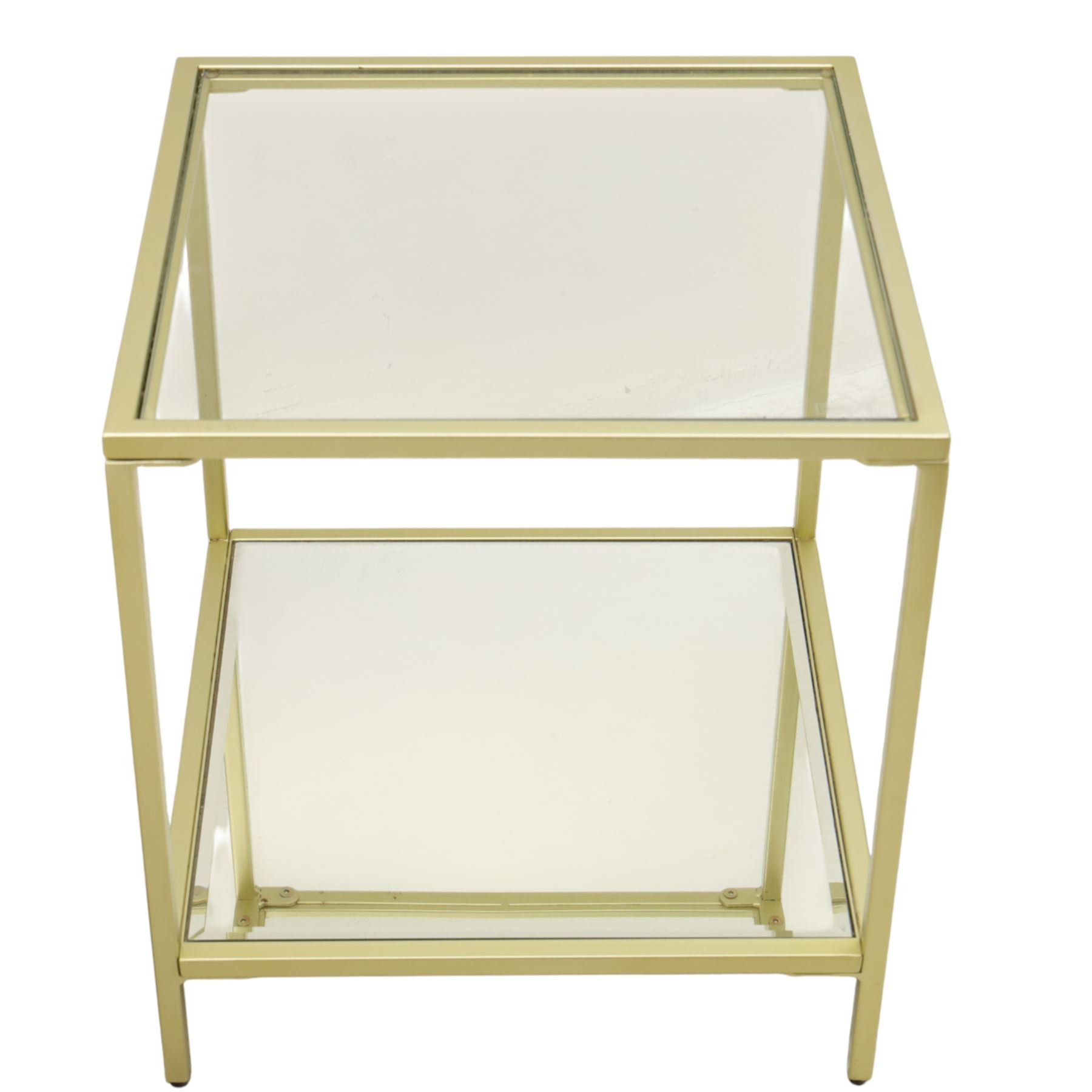 Modern pair of brass finish and glass bedside stands, each of square form with clear glass top, glazed sides and mirrored under tier, enclosed by a square section brass finish metal frame, raised on short square supports