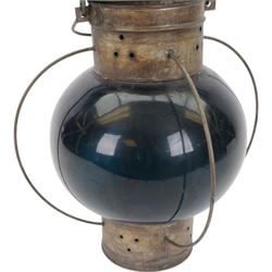 Early 20th century ship's blue glass onion lantern, H36cm