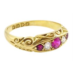 Edwardian 18ct gold five stone ruby and old cut diamond ring, Chester 1908