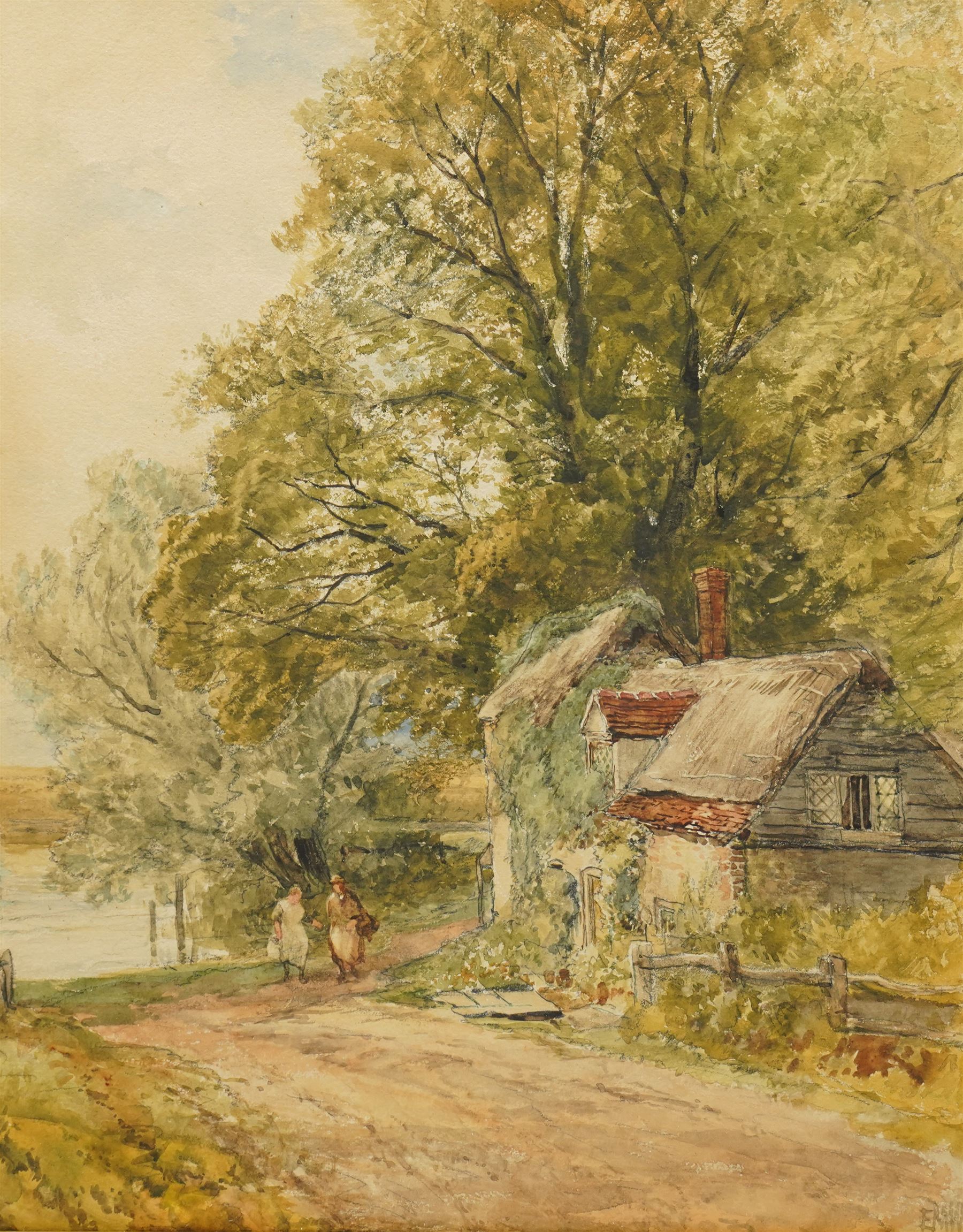 Edmund Morison Wimperis (British 1835-1900): Figures by a Lakeside Cottage, watercolour signed with initials and dated '88, 42cm x 33cm