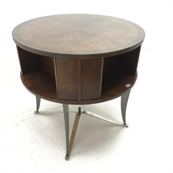 Art Deco style inlaid walnut circular table, shaped tapering chrome supports, complete with glass top, D82cm, H79cm