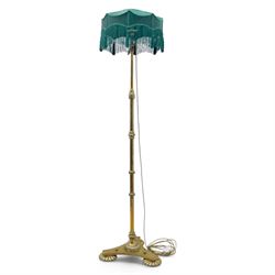 Art Deco brass standard lamp, telescopic column with level action, ring turned collars, ra...