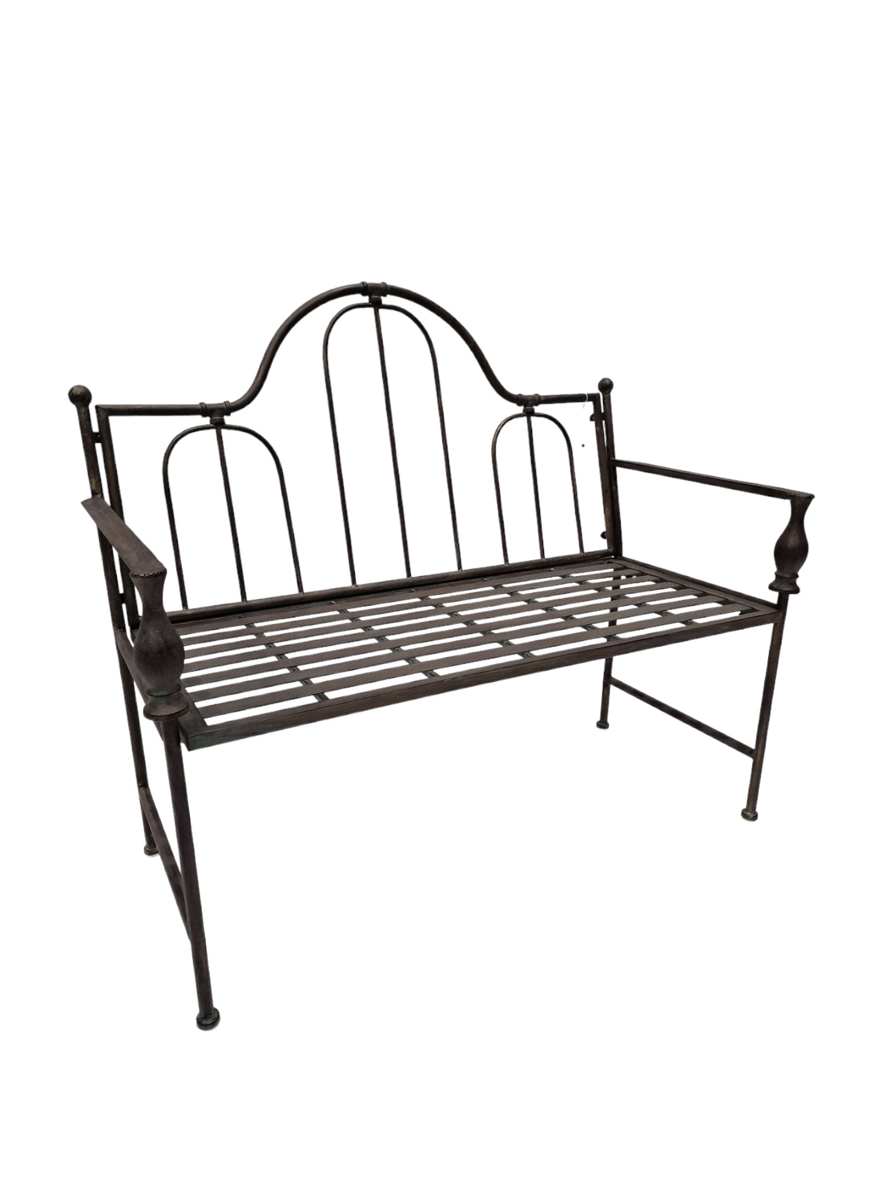 Wrought metal central arch shaped back garden bench in dark metallic finish - THIS LOT IS TO BE COLLECTED BY APPOINTMENT FROM DUGGLEBY STORAGE, GREAT HILL, EASTFIELD, SCARBOROUGH, YO11 3TX