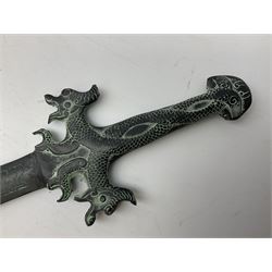 Patinated 'bronze' fantasy dagger, the 26cm blade, hilt and scabbard cast with dragons L50cm overall; hand forged iron spearhead L29.5cm; and a stiletto blade (3)