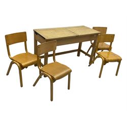 Mid-20th century beechwood school desk, rectangular lift-top desk with storage compartment, supported by square legs with cross stretchers; four matching beech chairs (5)