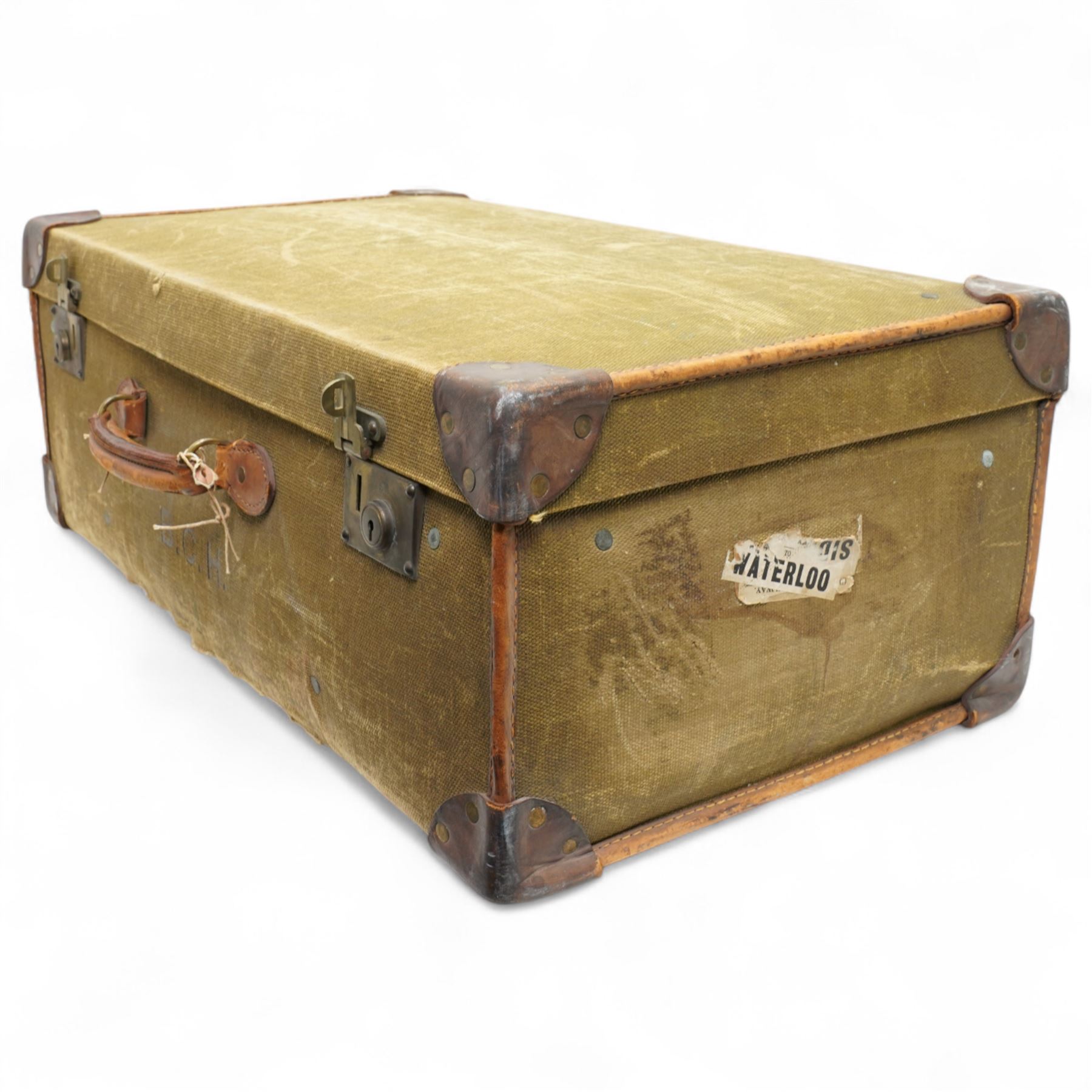 Drew & Sons, London - early 20th century khaki cloth bound trunk with lift out tray, understood to previously belong to Sister Agatha, Mother Superior of the Bar Convent in York 76cm x 43cm
