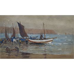 James William Booth (Staithes Group 1867-1953):  Fishing Cobles unloading on the Beach at Filey, watercolour signed 28cm x 47cm