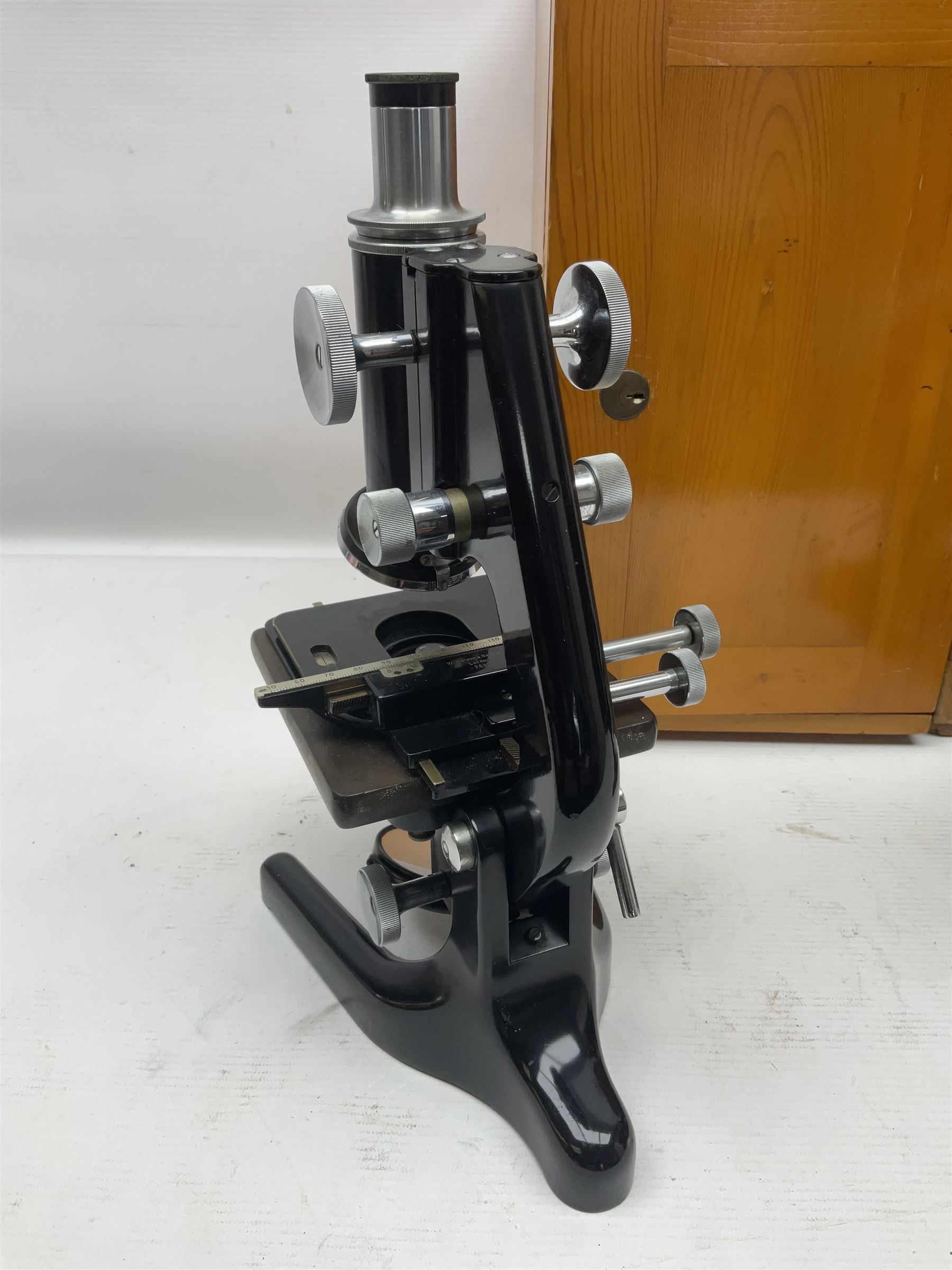 Three microscopes, comprising Ernst Leitz Wetzlar, W Watson & Sons service II no 125485, W Watson & Sons Bactil binocular no 115722, all boxed  