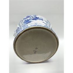Large 20th century Delft blue and white jardinière, of baluster form with twin zoomorphic mask lug handles, decorated with hand painted panels of waterside scenes, within foliate surround, impressed and painted marks beneath for De Porceleyne Fles workshop, Delft, H35cm, rim D32
