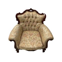 French carved walnut finish framed armchair, button back upholstery