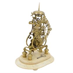Joseph Wilkinson of South Street, Sheffield - single train 8-day skeleton clock c1860, mounted on an oval stepped white marble base with bun feet, finely pierced and fretted dial with engraved Roman numerals each on a shield background, scroll pattern five pillar frames engraved with the retailers name and surmounted by a silvered bell and spire, chain driven fusee movement with five spoke wheels, deadbeat escapement and passing single strike on the hour. With key and pendulum.
