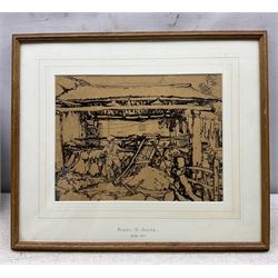 Rudolf Helmut Sauter (German 1895-1977): Barn Interior, ink on brown paper signed 22cm x 29cm