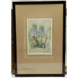After J Stubbs (British 19th century): 'Scarborough Castle from the Pier' and 'Scarborough from the Bridlington Road', pair 20th century lithographs 20cm x 27cm; After Featherstone Robson: 'York Minster and Bootham Bar', colour print 23cm x 16cm (3)