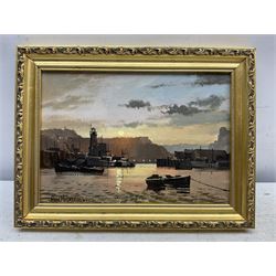 Don Micklethwaite (British 1936-): Scarborough Harbour at Sunset, oil on board signed 17cm x 24cm