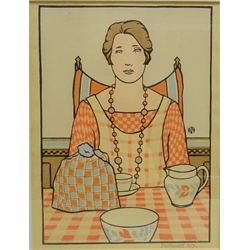  Philip Gregory Needell (British 1886-1974): Lady Taking Tea, set of four wood block prints in four colour variations, monogrammed in the block, signed and dated 1923 in pencil 24cm x 18cm (4)  