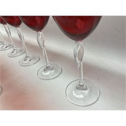 Collection of victorian and later cranberry glass, including wine glasses with clear stems, a footed bowl, other coloured glass etc