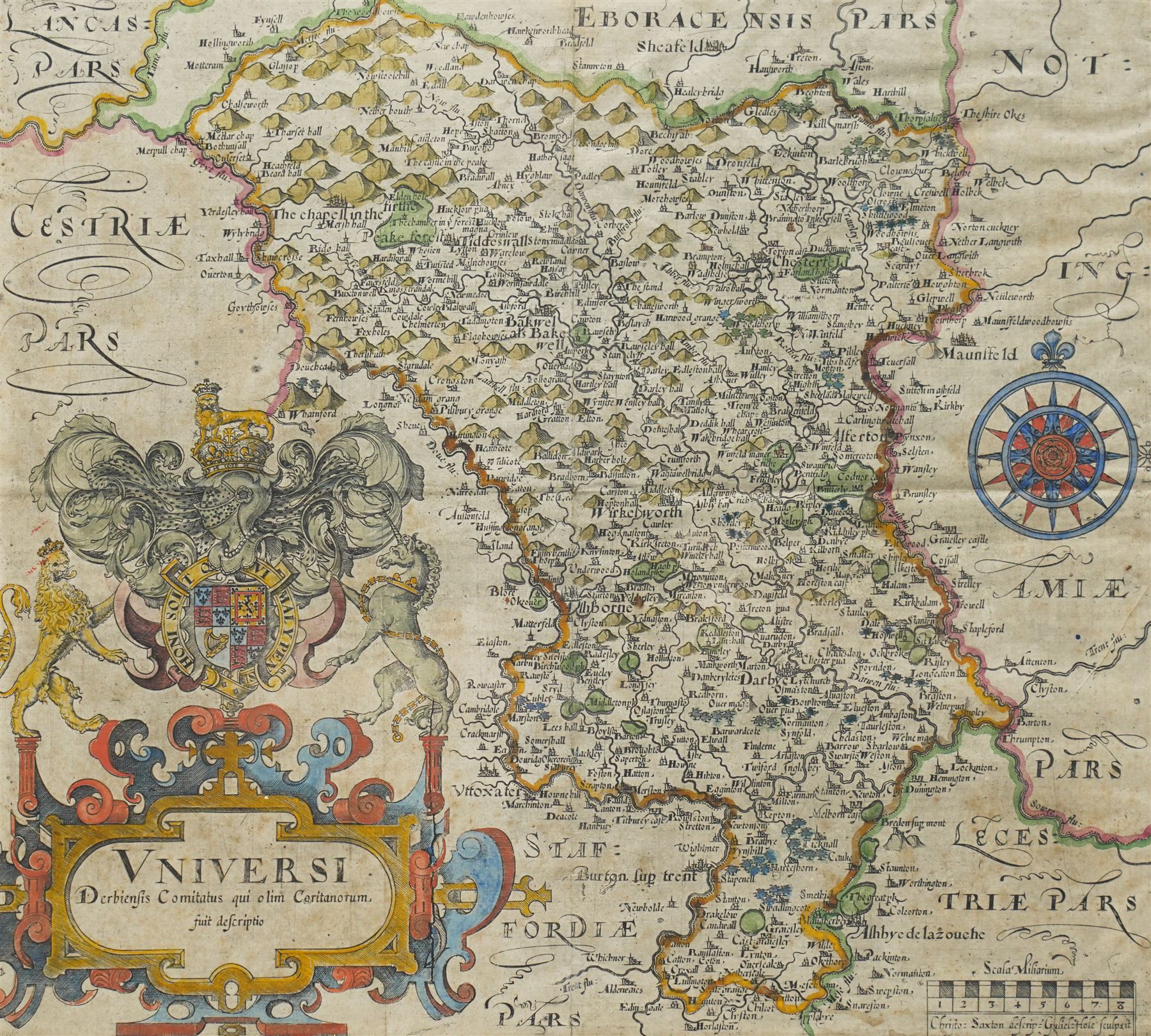 Gulielmus Hole (British ?-1624) and Christopher Saxton (British 1540-1610): 'Vniversi Derbiensis Comitatus qui olim Coritanorum fuit descriptio', 16th century engraved map hand-colouring of Derbyshire pub. c.1579, 28cm x 31cm