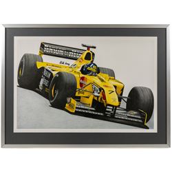 Four Formula 1 racing prints by Nik Curry, including a signed limited edition example, all within silver frames, H38cm, W59cm