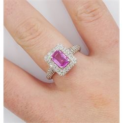 18ct white gold pink sapphire and diamond cluster ring, with diamond set shoulders, stamped sapphire approx 0.85, total diamond weight 0.62