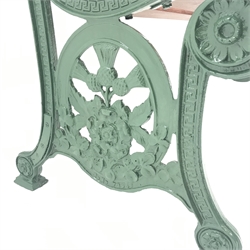  Early 20th century garden bench seat, the cast iron ends with scroll feet decorated with Thistle, Rose and Shamrock, Rd.No.72957, wooden slatted seat and back, W140cm, D66cm, H84cm  