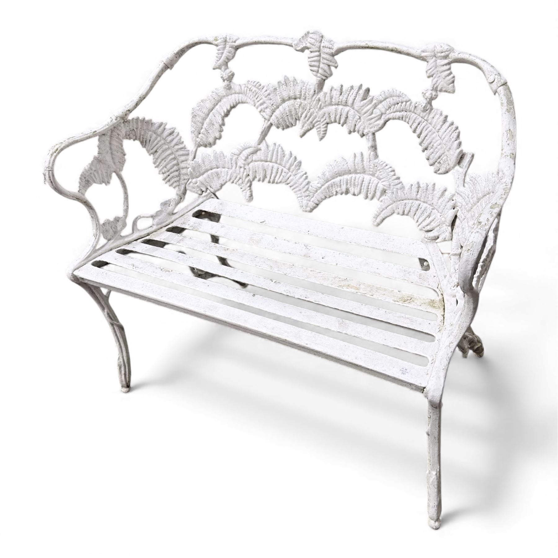 Pair of cast aluminium white painted Coalbrookdale design 'fern and blackberry' garden benches
