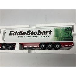 Corgi Eddie Stobart - two Special Edition Hauliers of Renown lorries; CC13749 Scania R Curtainside Trailer and CC15508 Volvo F10 Curtainside; and limited edition Hauliers of Renown CC13801 Mercedes-Benz Actros Fridge Trailer; all boxed (3)