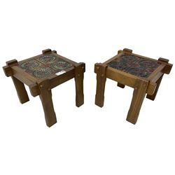 Pair of mid-20th century walnut occasional tables, square with inset tiled tops