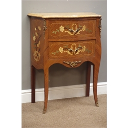  Small French style walnut and marquetry chest of two drawers, serpentine variegated marble top, W62cm, H81cm, D33cm  
