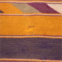 South West Persian Qashqai flatweave kilim, field decorated with bold horizontal bands in shades of aubergine, plum and orange, ochre, olive and lilac, interspersed with narrow registers of diagonal chevron motifs in cream and dark brown, framed by brown end panels, with fringe ends 