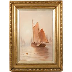 William James Smith Crampton (British 1855-1935): Fishing Vessels on Misty Waters, pair oils on board signed, in matching frames 45cm x 30cm (2)