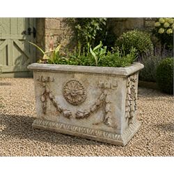 Haddon stone - cast rectangular planter, swag and motif detail, planted