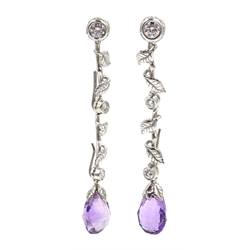  Pair of 18ct white gold (tested) diamond and amethyst adjustable leaf design pendant earrings  