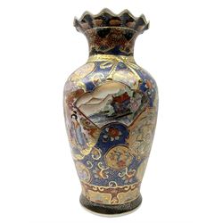 Large Japanese vase of baluster form with frilled rim, decorated with two large figural panels and smaller panels containing landscapes and flowers, heightened with gilt throughout, with mark beneath, H47cm
