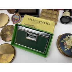Collection of compact mirrors, including Stratton and Majestic examples, together with four pairs of opera glasses, Masonic jewels, etc