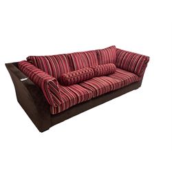 Collins & Hayes - grande three seat sofa upholstered in chocolate fabric, the loose cushions upholstered in textured fuschia stripes with contrasting spotted bolster cushions