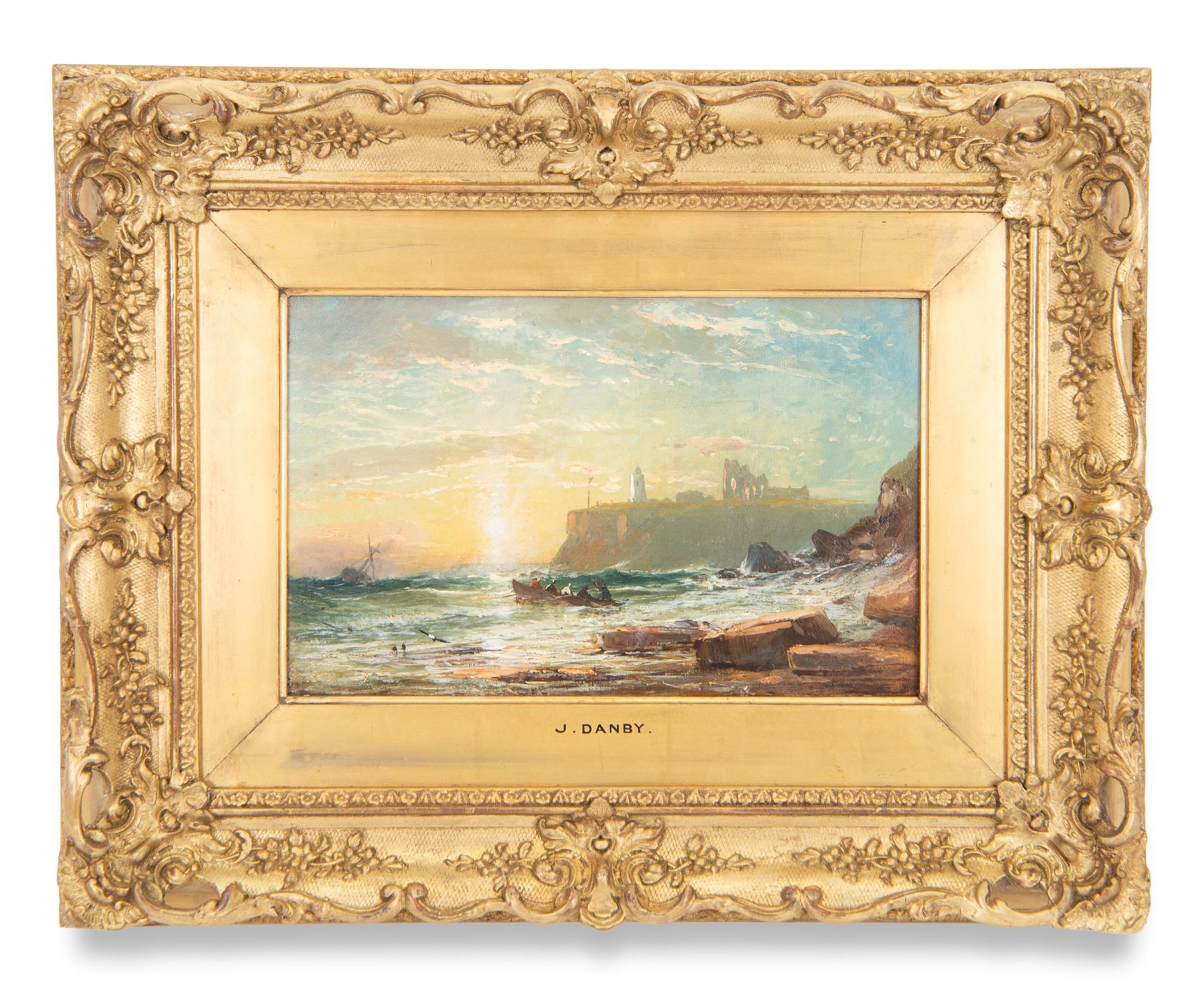 James Francis Danby (Irish 1793-1861): Tynemouth Priory and Castle - a View from the Shore, oil on canvas attributed on the mount, 17cm x 27cm 