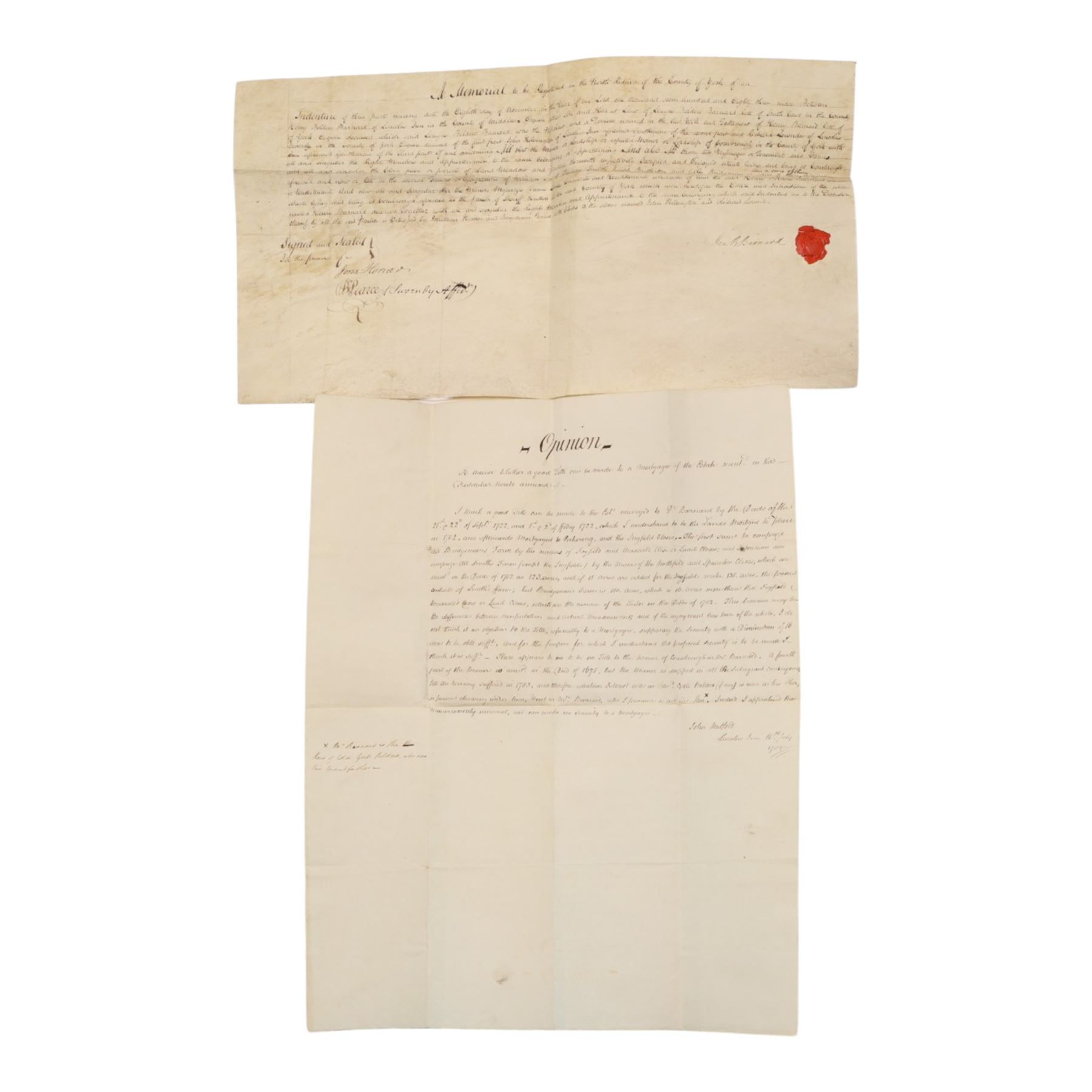 Boldero/Barnard family and Cave Castle estate interest - collection of 18th century vellum indentures and legal documents relating to the Boldero and Barnard families, including York city property in St Helen’s, Stonegate and Swinegate, the manor of Cornbrough in the parish of Sheriff Hutton, and later Henry Boldero Barnard of Cave Castle estate papers, with parties including Robert Fairfax, Jonathan Barnard, John Kilvington and John Lund, dated 1716-1786, with wax seals (approx. 15)
