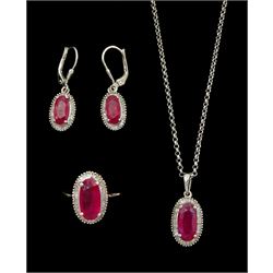 Silver oval cut ruby and baguette cut diamond suite including ring, pair of earrings and pedant necklace, all stamped 925