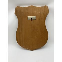 Five wooden shield plaques for mounting taxidermy of various sizes, largest H67cm, D51cm. 