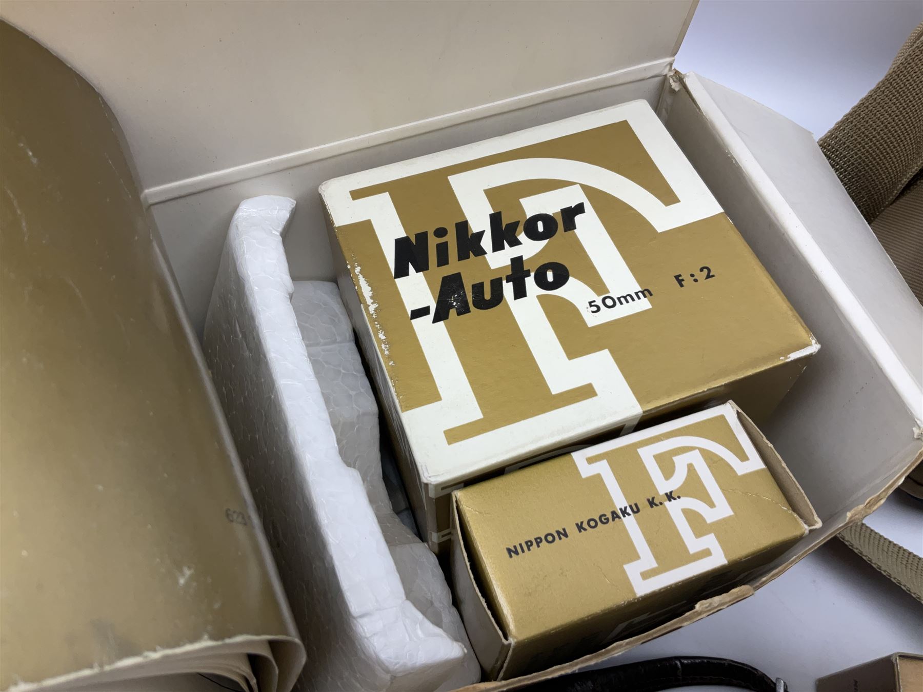 Cameras and accessories including Nikon Nikkormat camera with ‘Nikkor-H 1:2 f=50mm’ lens, Olympus C-8080 wide zoom digital camera, soft case camera bag etc, all untested, in one box