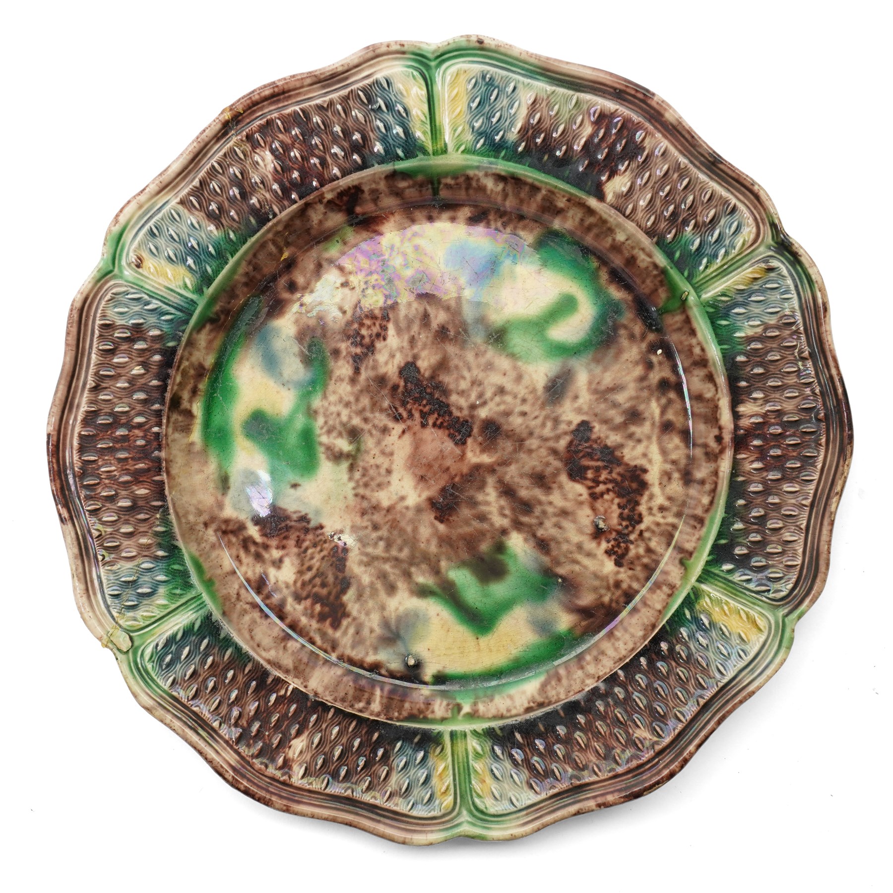 Pair of 18th century cream ware Whieldon type plates decorated with a mottled tortoiseshell glaze D20cm and two other similar plates of shaped circular design