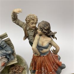 Four Capodimonte figures, comprising Shoemaker by T Galli, Tramp on Bench by Roby B, The Fiddler by Maria Angela, and Gypsy Dancers by Sandro, each with accompanying certificate, plus a Beswick matt glazed horse, and small Beswick pheasant. 