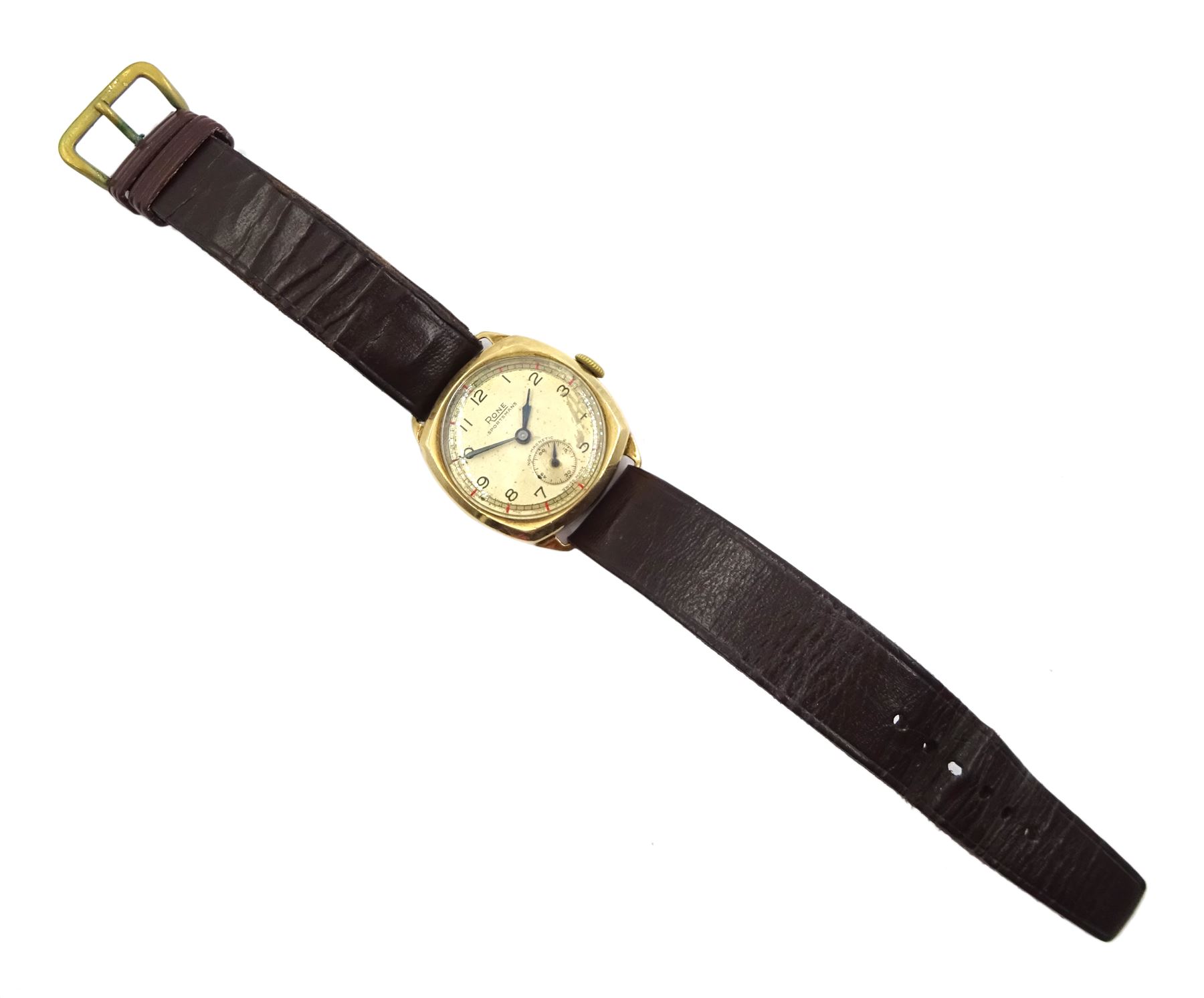 Rone Sportsmans 9ct gold manual wind wristwatch, Birmingham 1951, on brown leather strap